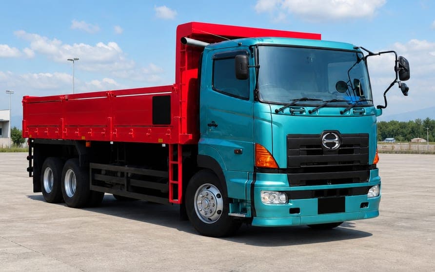 Lori tipper tiga gandar dengan bak merah sedia untuk kerja angkut